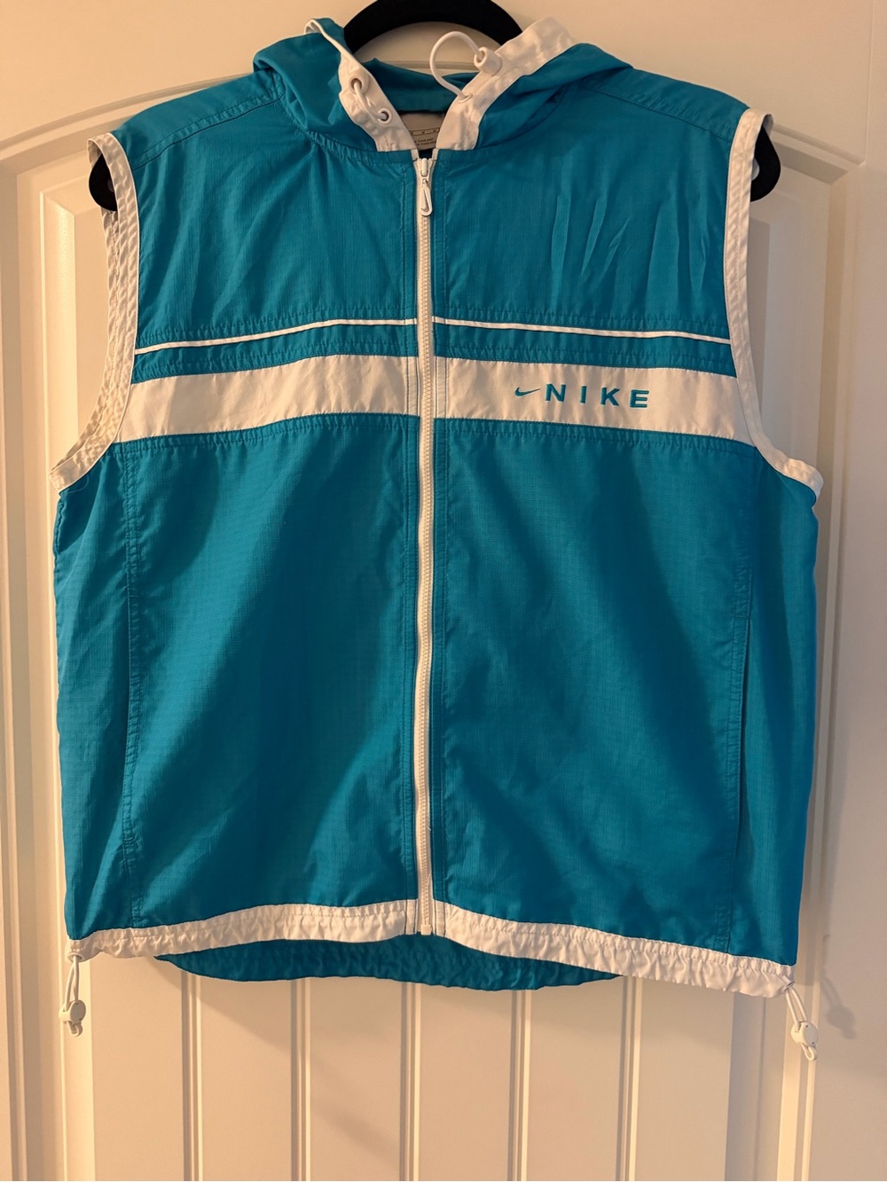 Vintage Nike Teal and White Hooded Sleeveless Windbreaker Vest